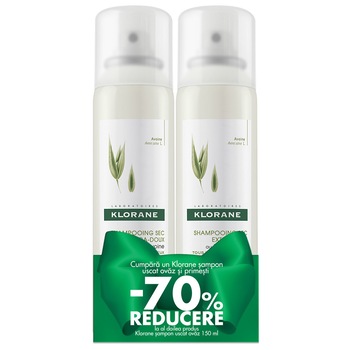 Pachet 2 x Sampon uscat Klorane cu extract de lapte de ovaz pentru toate tipurile de par, 150 ml Pachet 2 x Sampon uscat Klorane cu extract de lapte de ovaz pentru toate tipurile de par, 150 ml
