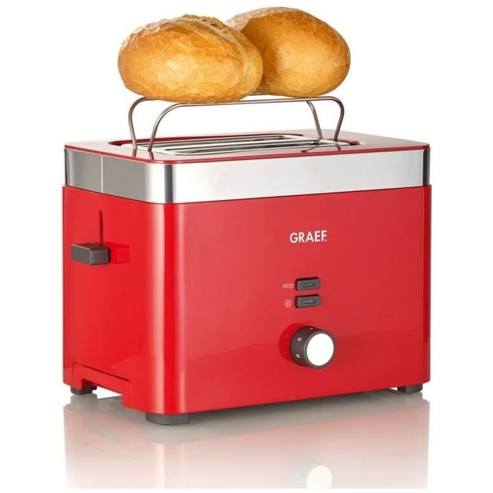 Prajitor de paine Graef, TO63, 2 felii, cu atasament pentru chifle inclus, grad de rumenire ajustabil, functie dezghetare, rosu