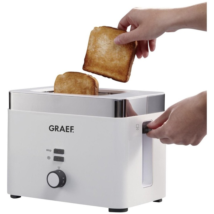 Тостер Graef, TO61, 2 филийки, с включена приставка за хлебчета, регулируема степен на запичане, функция за размразяване, бял