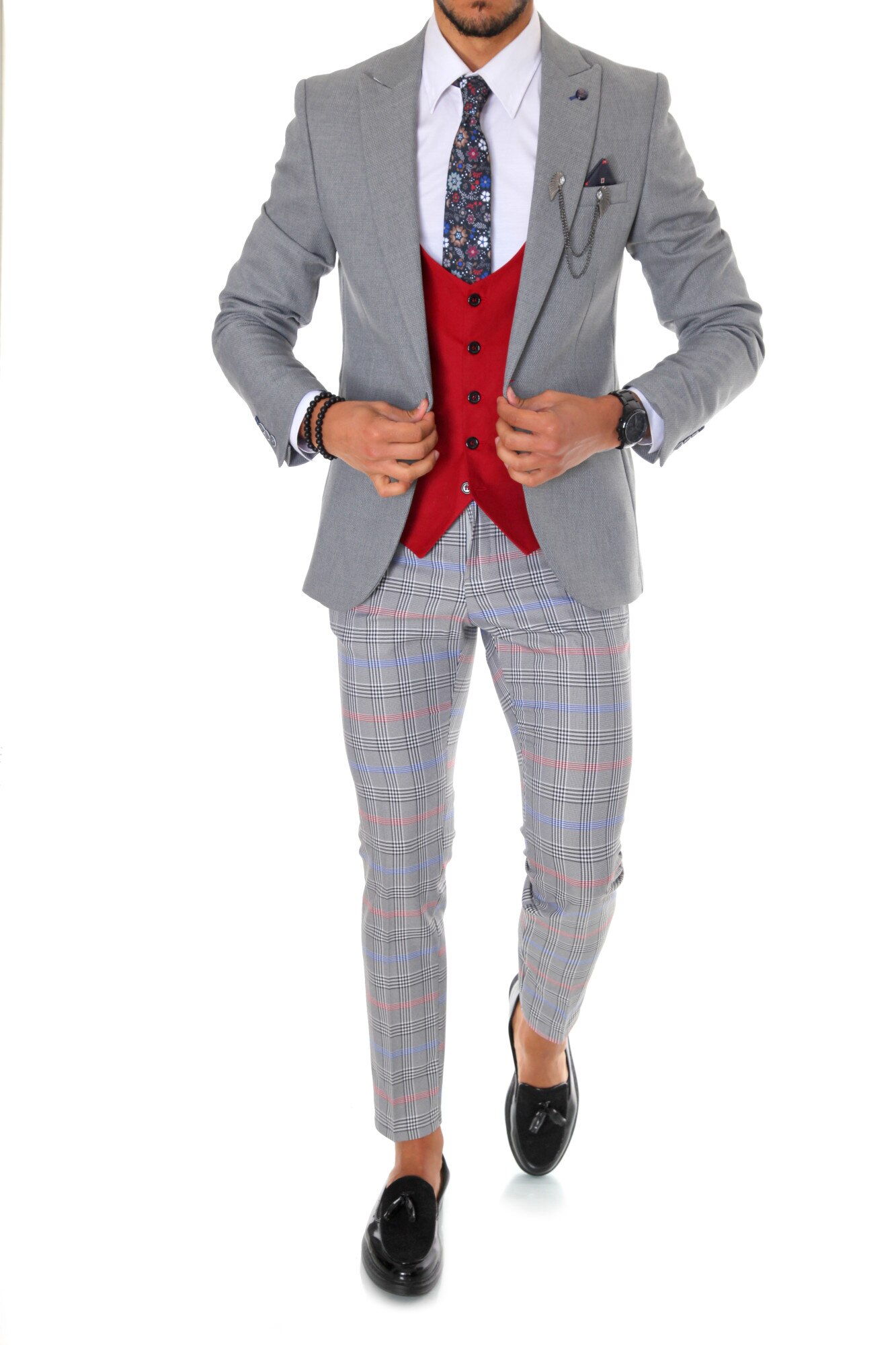 Costum B1583, pentru barbati, elegant, slim fit, sacou, vesta, pantaloni, gri