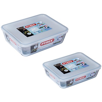 Set 2 vase rectangulare Pyrex, cu capac, sticla termorezistenta, 22 x 17 x 6 cm, 1.5 L + 25 x 19 x 8 cm, 2.6 L Set 2 vase rectangulare Pyrex, cu capac, sticla termorezistenta, 22 x 17 x 6 cm, 1.5 L + 25 x 19 x 8 cm, 2.6 L