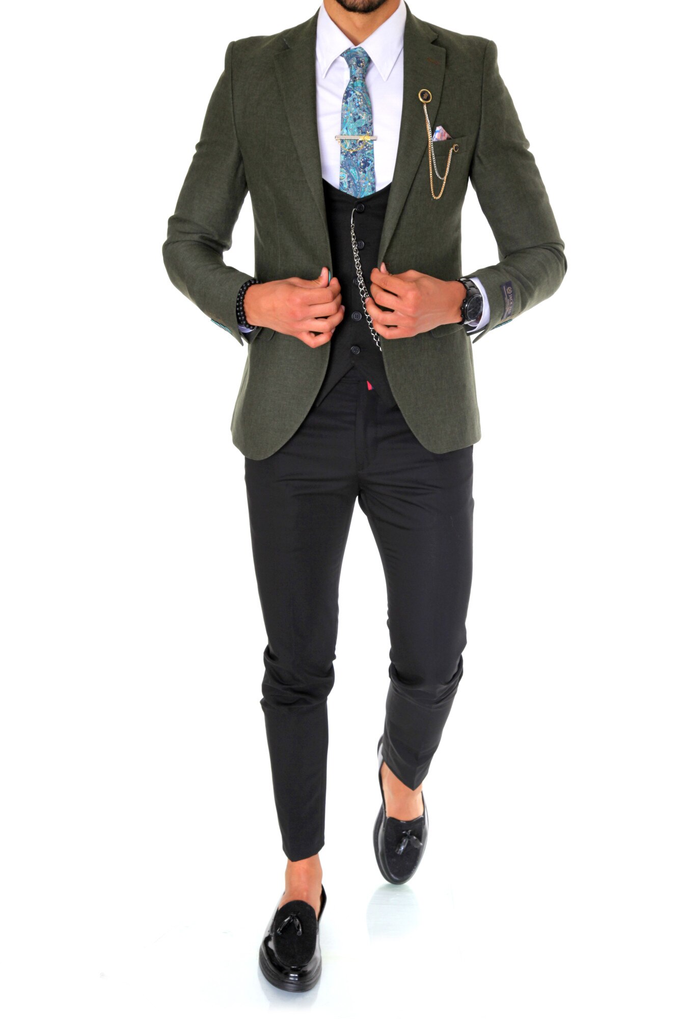 Costum B1525, pentru barbati, elegant, slim fit, sacou, vesta, pantaloni, kaki