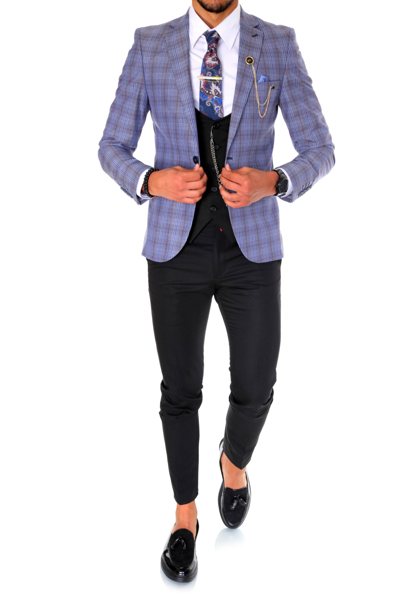 Costum B1530, pentru barbati, elegant, slim fit, sacou, vesta, pantaloni, albastru