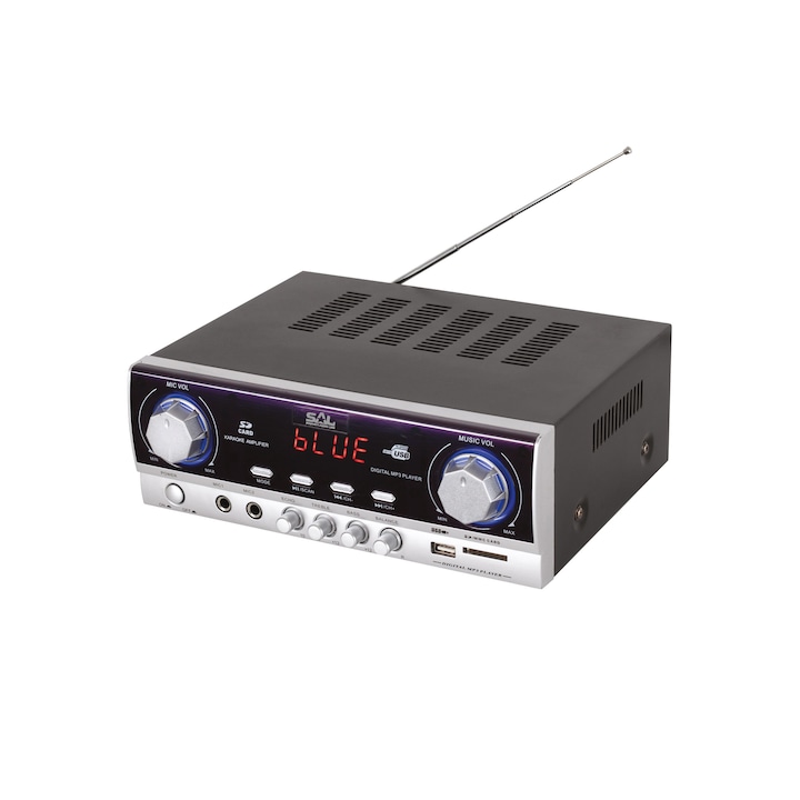 SAL Multimédia erősítő BTA 240 Dinamikus Hi-Fi hangzás, mini HI-FI erősítő klasszikus tranzisztoros erősítő Fm rádió,MP3 lejátszó USB SD olvasó 2x mikrofon bemenet ,Bluetooth 5.1-s