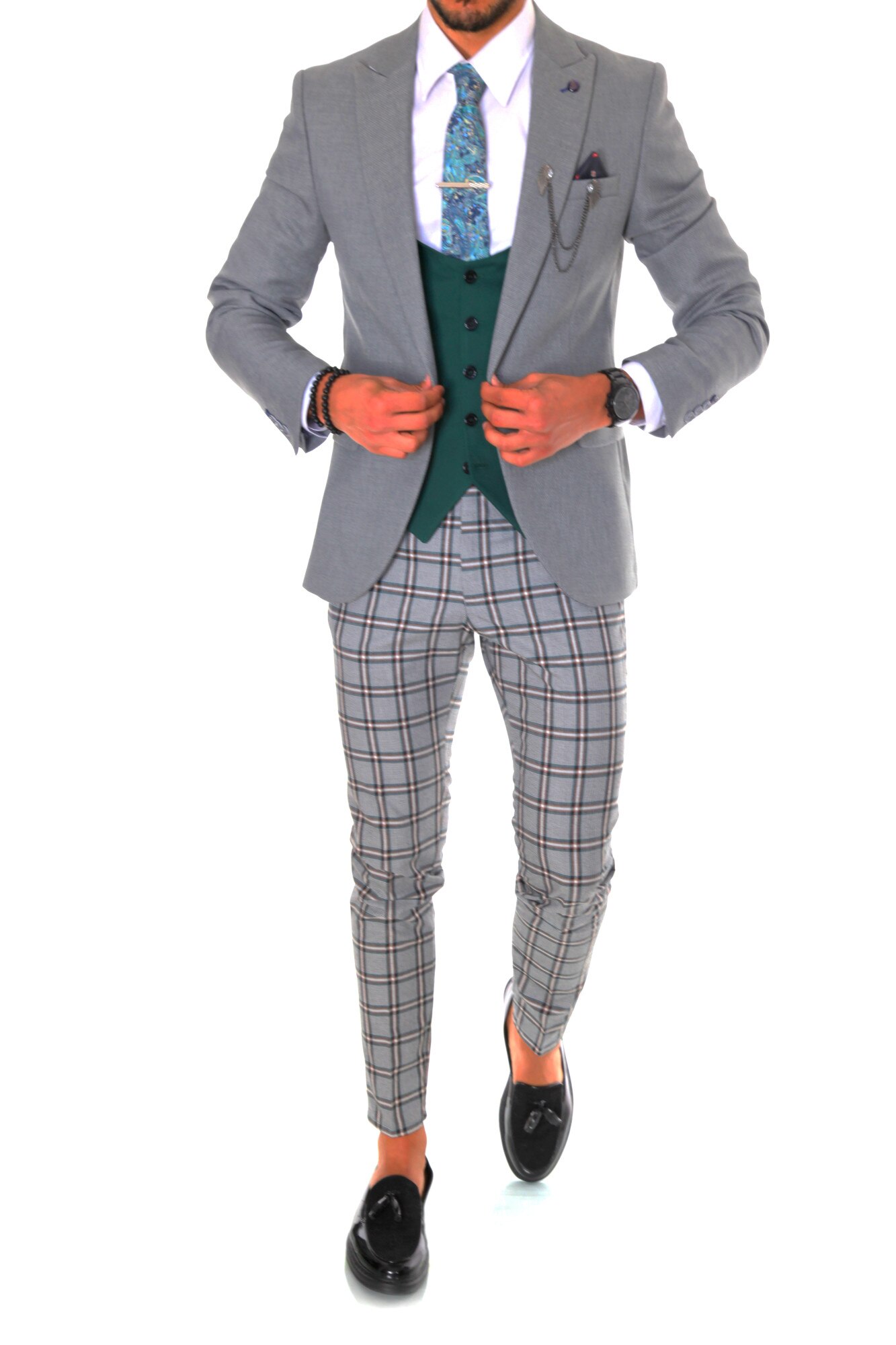 Costum B1584, pentru barbati, elegant, slim fit, sacou, vesta, pantaloni, gri