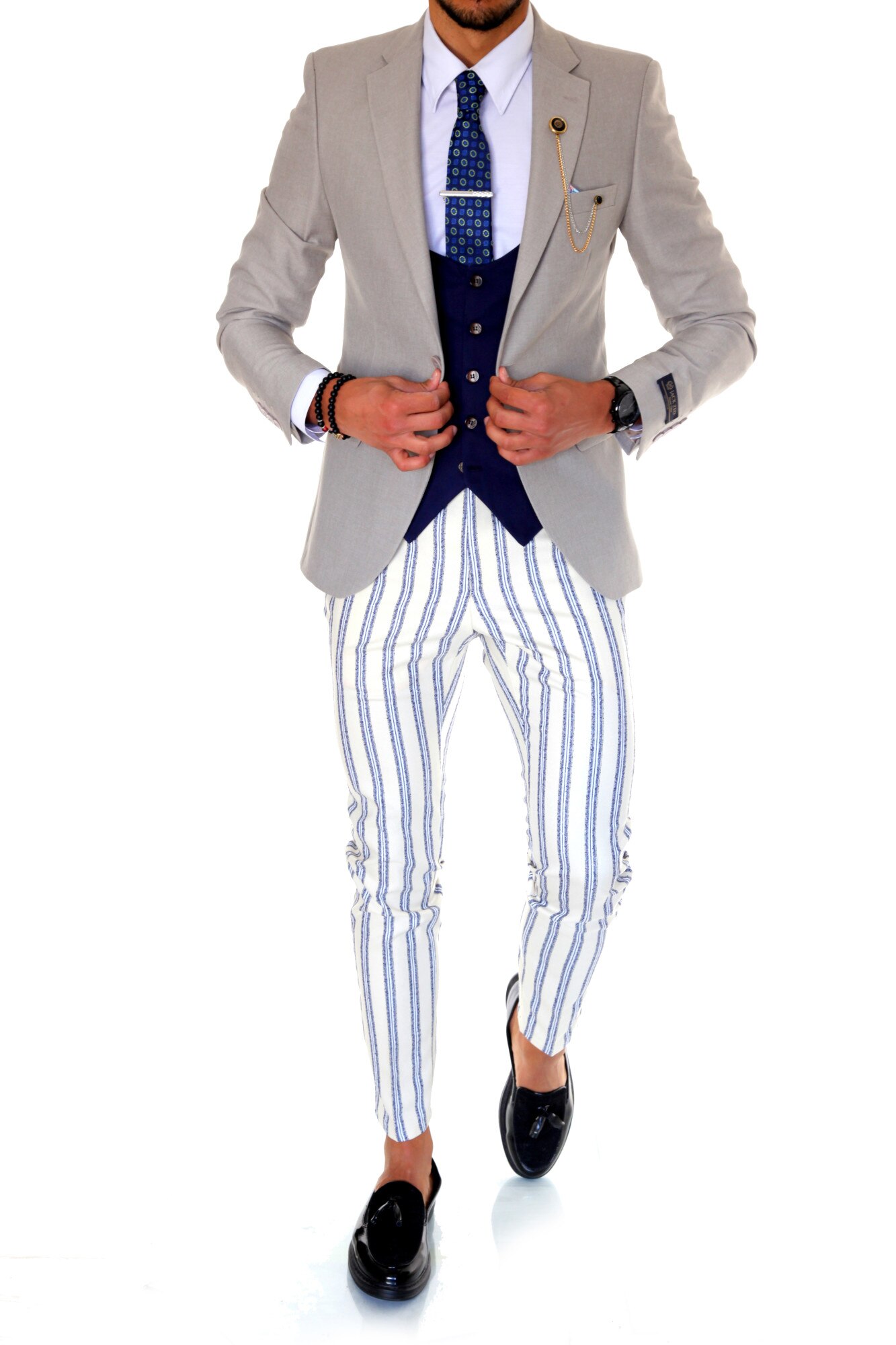 Costum B1593, pentru barbati, elegant, slim fit, sacou, vesta, pantaloni, gri