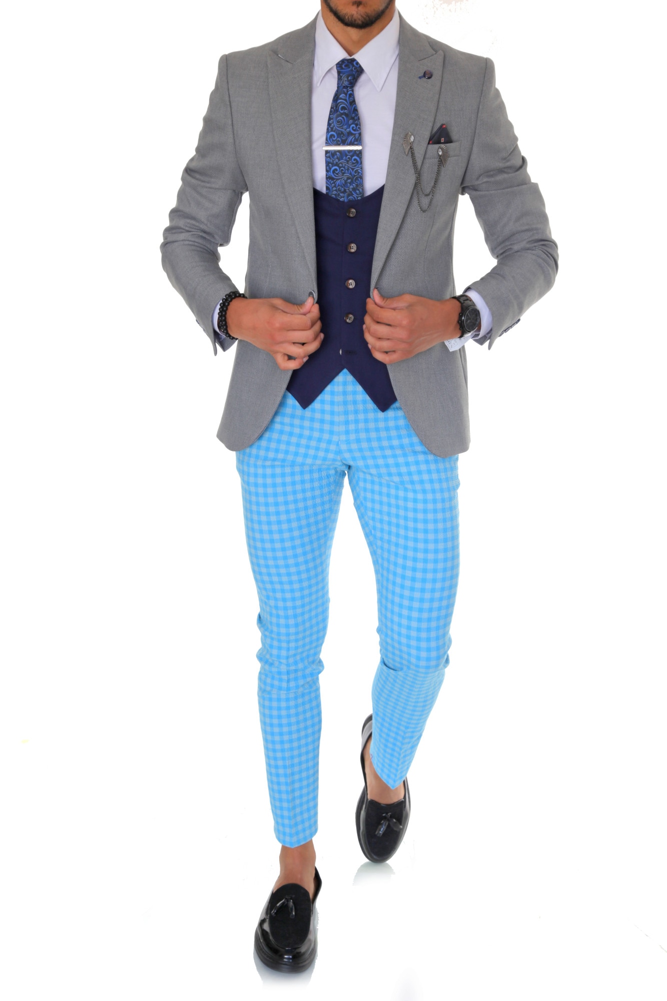 Costum B1591, pentru barbati, elegant, slim fit, sacou, vesta, pantaloni, gri
