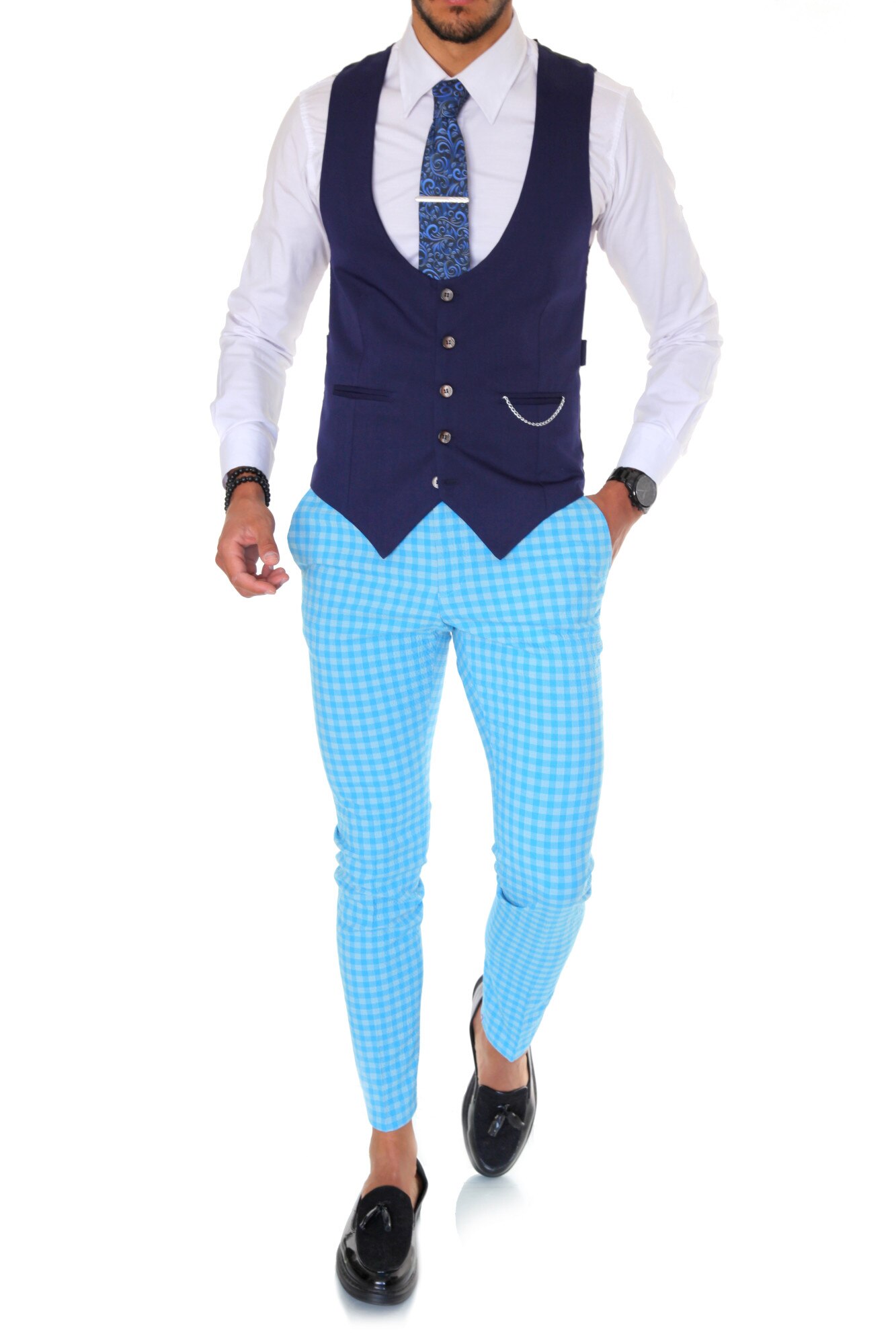Costum B1590, pentru barbati, elegant, slim fit, vesta, pantaloni, bleumarin