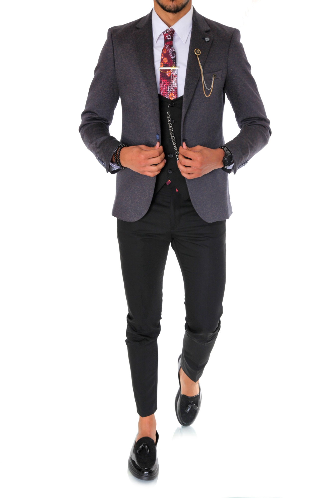 Costum B1539, pentru barbati, elegant, slim fit, sacou, vesta, pantaloni, gri inchis