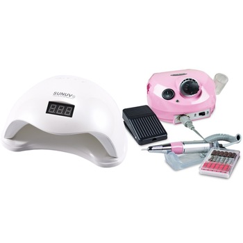 Kit unghii, Lampa LED, Model SUN 5, 48 W, si Freza electrica profesionala, DM 202, 35.000 rpm, black Kit unghii, Lampa LED, Model SUN 5, 48 W, si Freza electrica profesionala, DM 202, 35.000 rpm, black