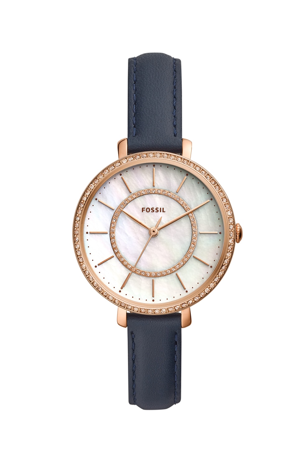 Fossil, Ceas rotund decorat cu cristale, Bleumarin/Auriu