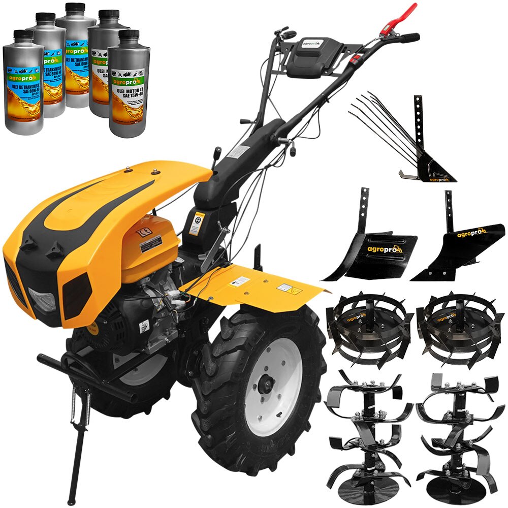 Motocultor AgroPro HS 1100D NEW, motor 16 CP, Euro V, latime lucru 135 cm, senzor ulei, far, freze, roti cauciuc, roti metal, rarita reglabila, plug arat, plug cartofi, 5l ulei AgroPro