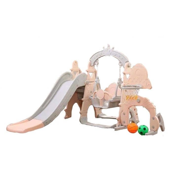 Tobogan MyKids cu leagan, cantecele, cos de basket si poarta Pink