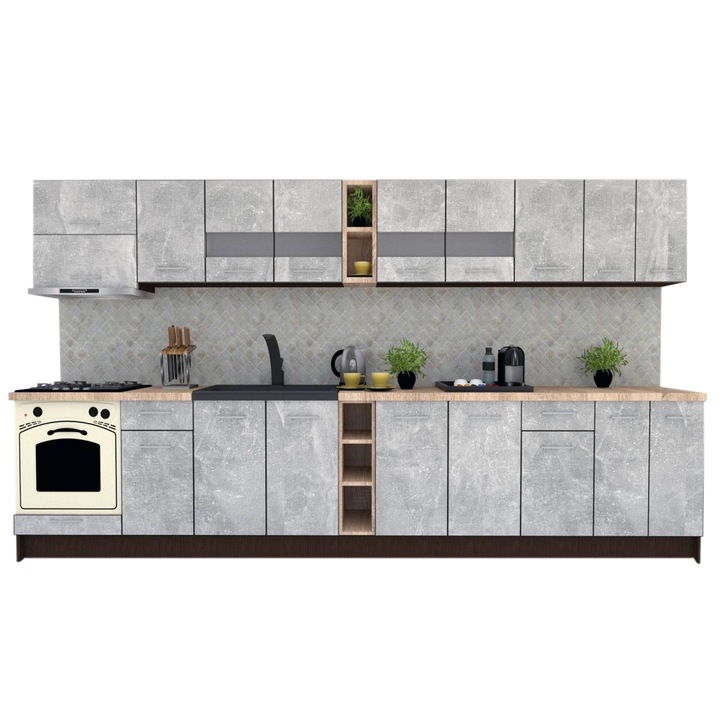 Set Bucatarie Marina New 380, Wenge / Decor 4298, 380 x 210-230 x 60 cm