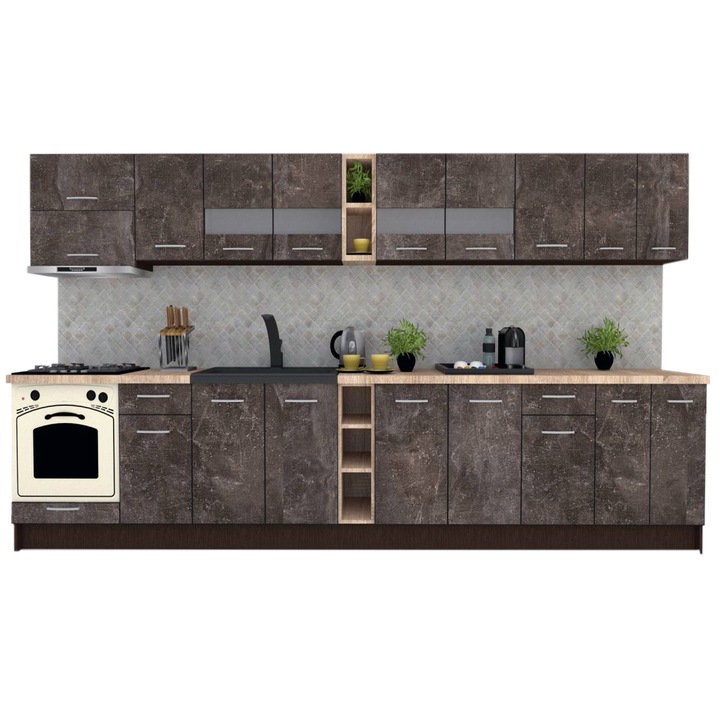 Set Bucatarie Marina New 380, Wenge / Decor 4299, 380 x 210-230 x 60 cm