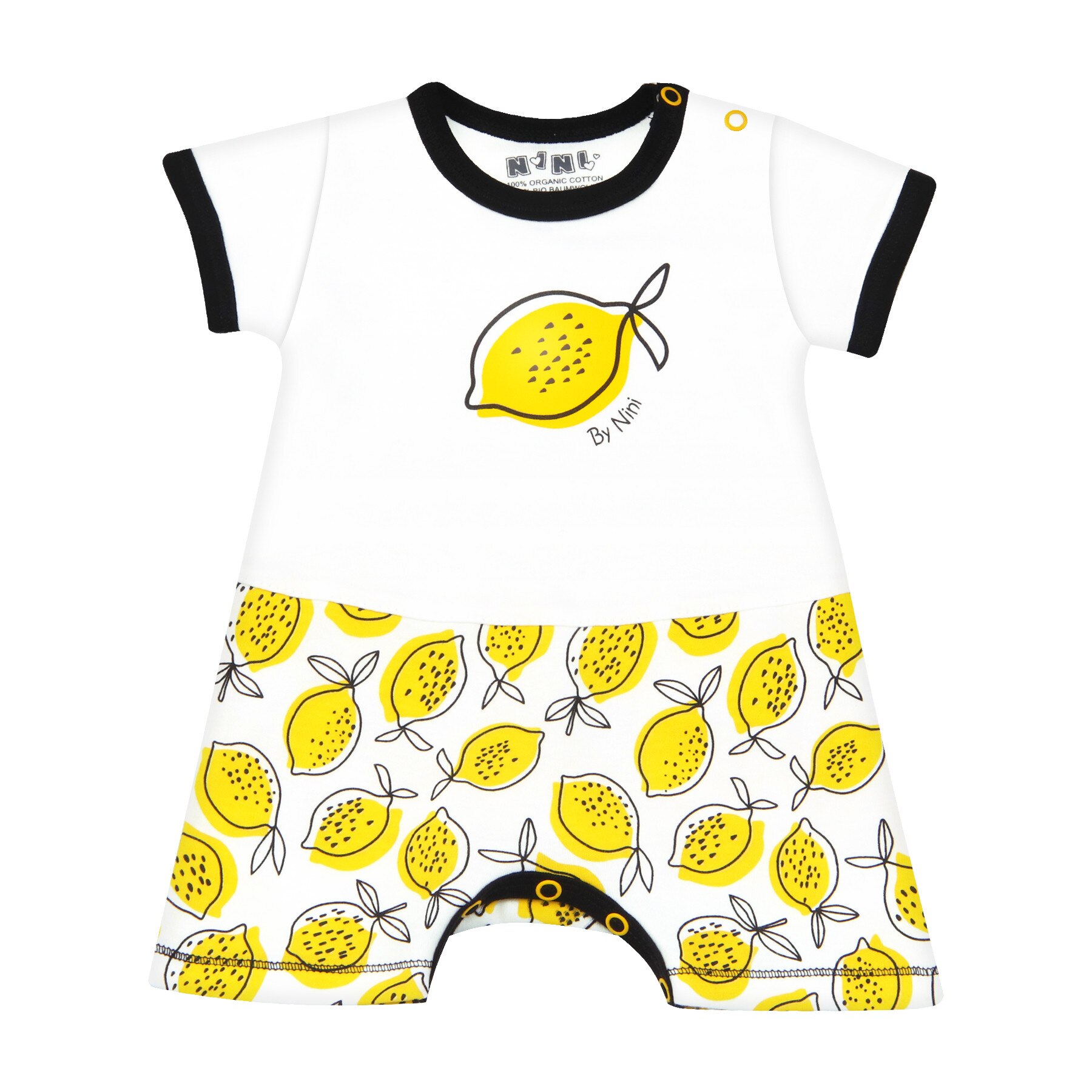 Salopeta vara cu maneca scurta, bumbac organic 100%, fete, Alb, Lemon, marime 68, 3-6 luni