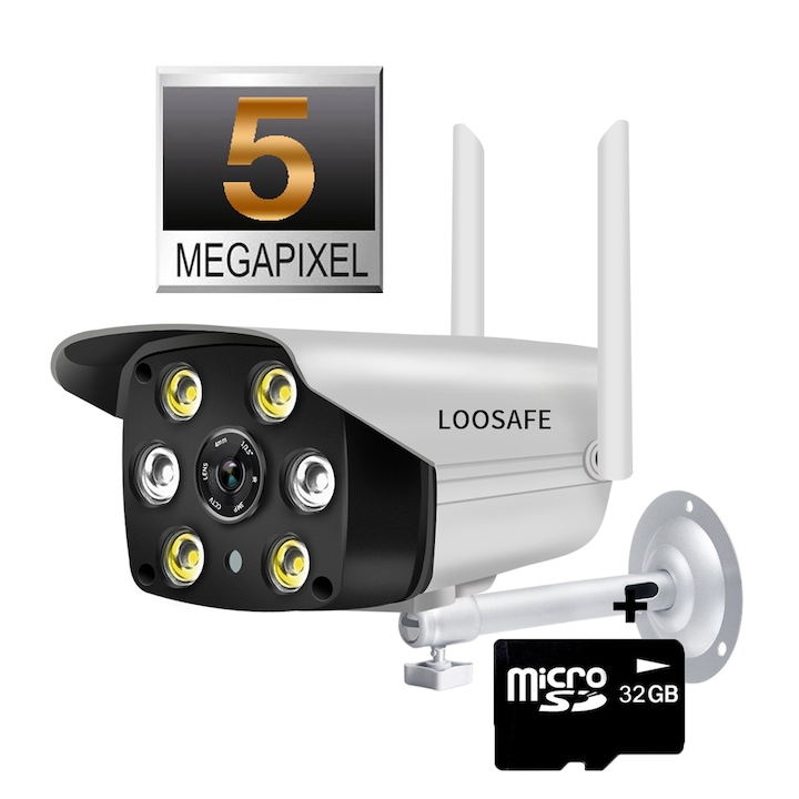Camera video de supraveghere wireless Loosafe C6-5, 5 Megapixel, Full HD, comunicare bidirectionala, vedere noptea color, 6 leduri, detectie miscare, de perete, gradina, curte, alb
