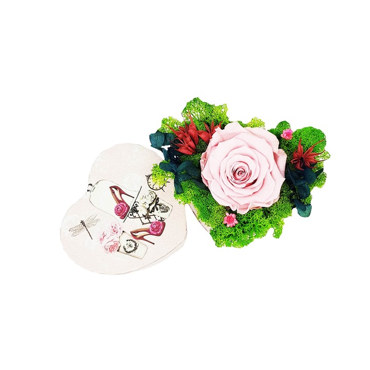 Aranjament inima cu trandafir roz criogenat, Crioflora, 11 cm