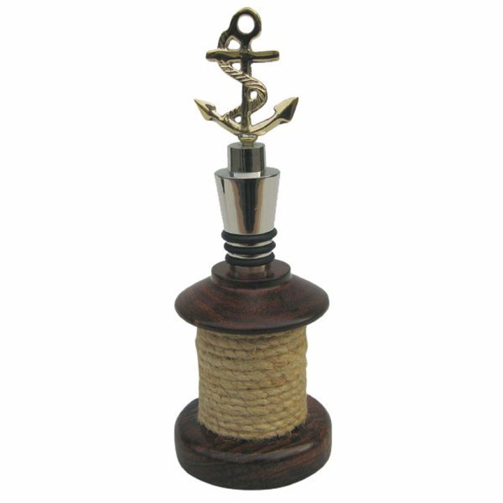 Dop sticla Sea Club, lemn/alama argintata, model cu ancora,H 15cm