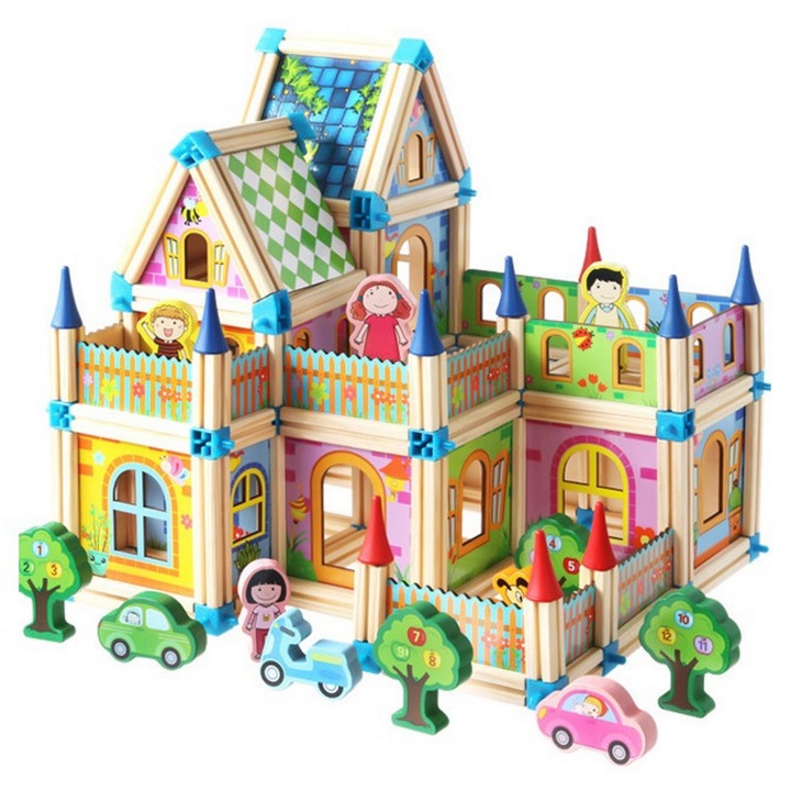 Set blocuri din lemn pentru copii PRINCESS CASTLE, Include 128 de elemente, Accesorizata cu blocuri cu grafica, masinute, copaci, Ofera posibilitatea asamblarii a mai multor cladiri, Dezvolta creativitatea, imaginatia si abilitatile manuale