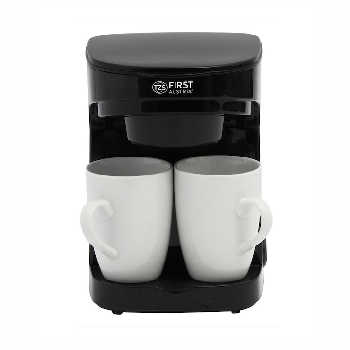 Cafetiera cu filtru detasabil First Austria, 2 cesti din portelan incluse, 370-450W, negru/ alb