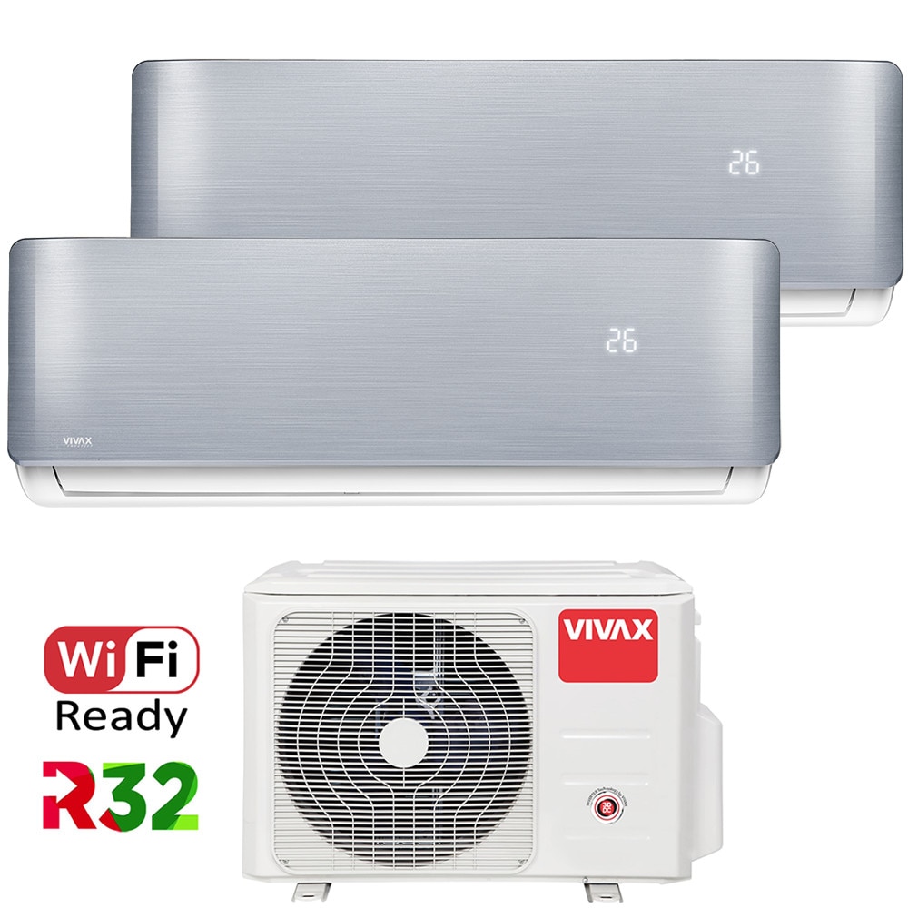 Aer conditionat Multisplit Vivax R-Design ACP-18COFM50AERI / 2x ACP-09CH25AERI SILVER, R32, Inverter, Clasa A++, I Feel, Auto Restart, Autodiagnoza, Autocuratare, Sleep Mode, 24 timer