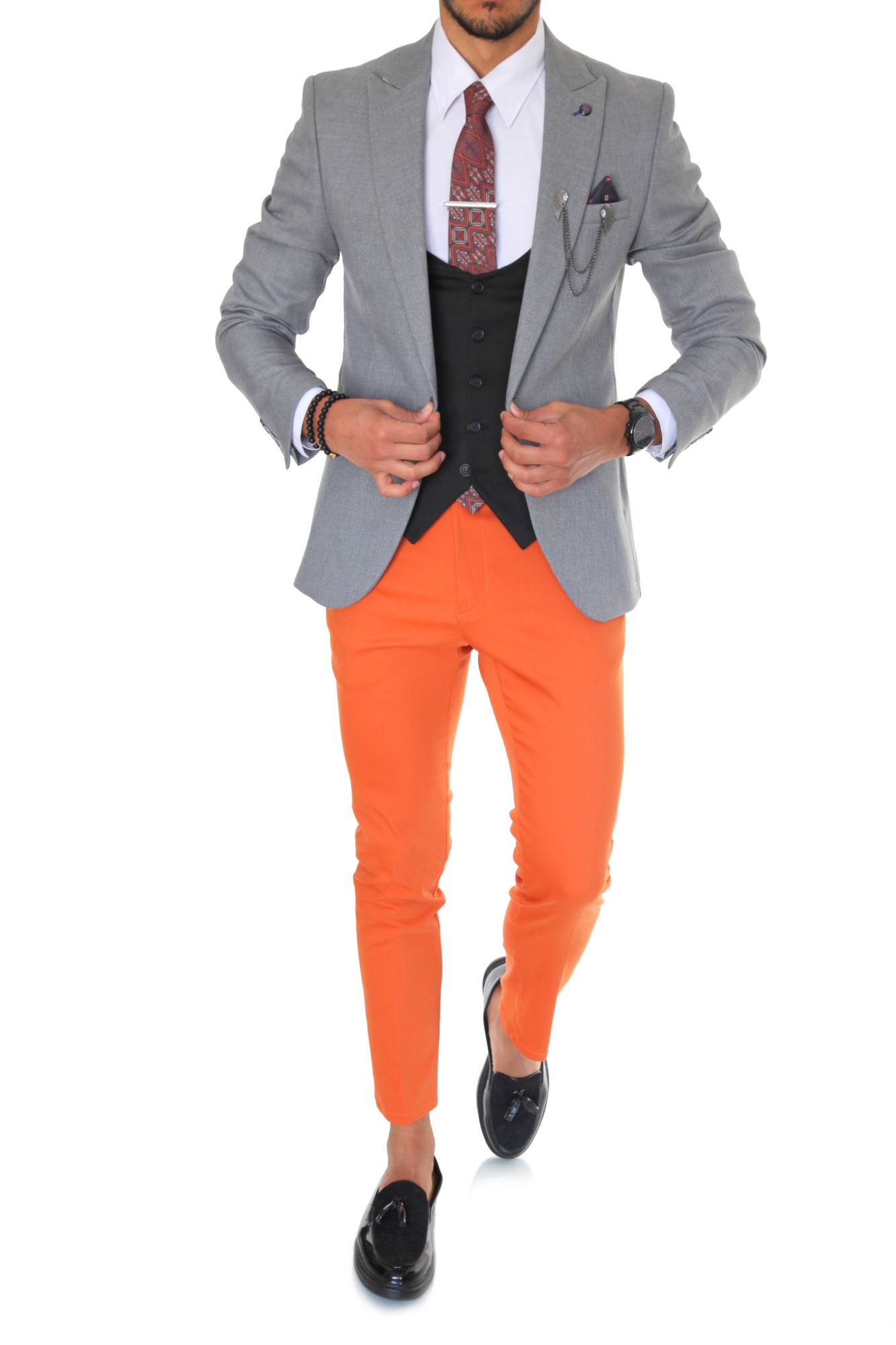 Costum B1588, pentru barbati, elegant, slim fit, sacou, vesta, pantaloni, gri