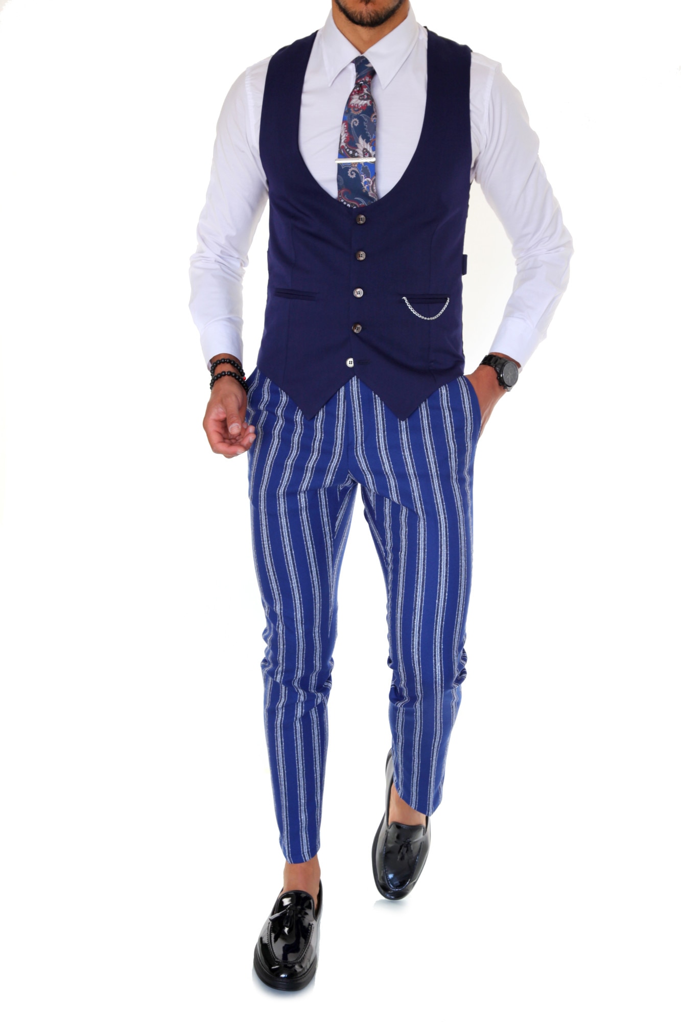 Costum B1604, pentru barbati, elegant, slim fit, vesta, pantaloni, bleumarin