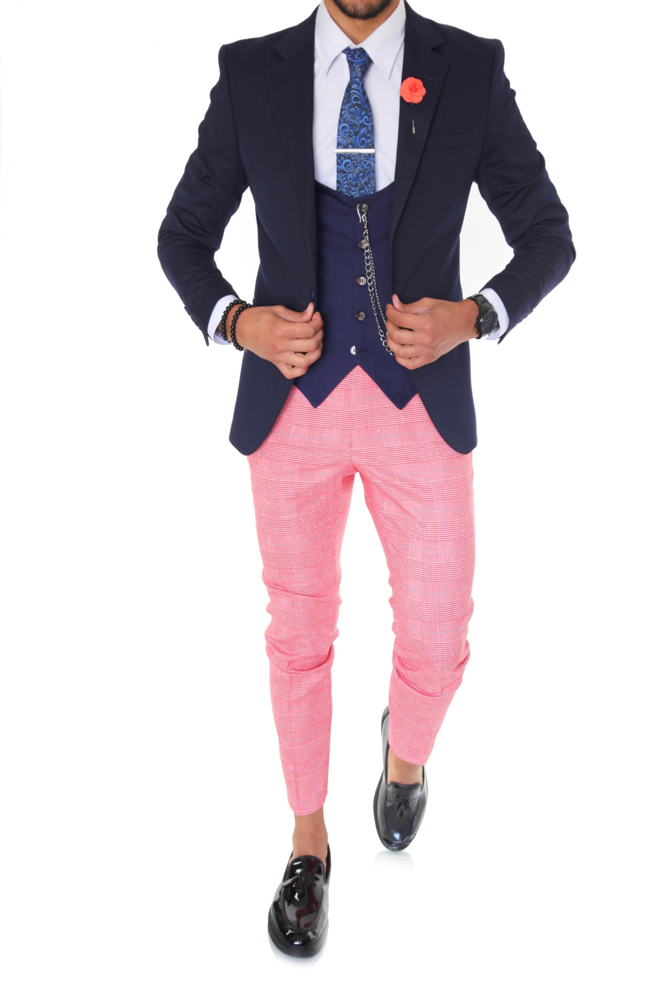 Costum B1609, pentru barbati, elegant, slim fit, sacou, vesta, pantaloni, bleumarin