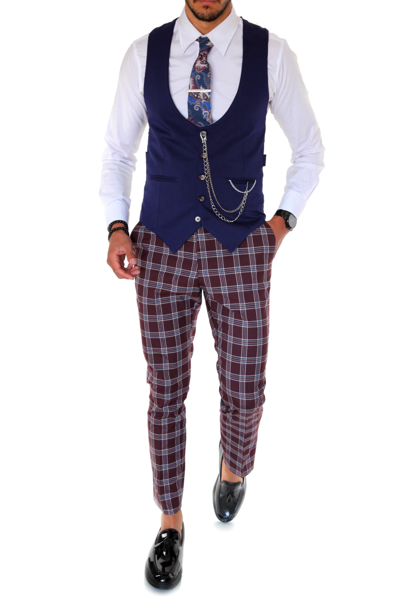 Costum B1627, pentru barbati, elegant, slim fit, vesta, pantaloni, bleumarin, L