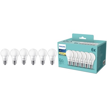 Pachet 6 becuri LED Philips, E27, 8W (60W), 806 lm,Clasa energetica F, lumina alba calda (2700K) Pachet 6 becuri LED Philips, E27, 8W (60W), 806 lm,Clasa energetica F, lumina alba calda (2700K)