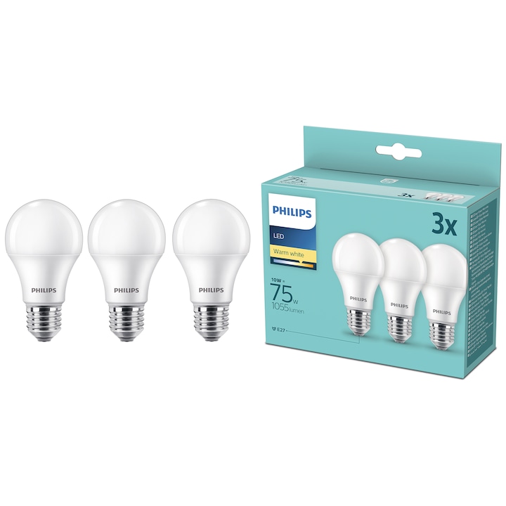 Philips LED izzó, E27, 10W (75W), 1055 lumen, meleg fehér fény, 3 darabos szett