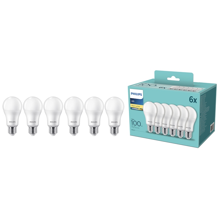 Комплект 6 LED крушки Philips, E27, 13W (100W), 1521 лумена, Топла бяла светлина (2700K), Енергиен клас E