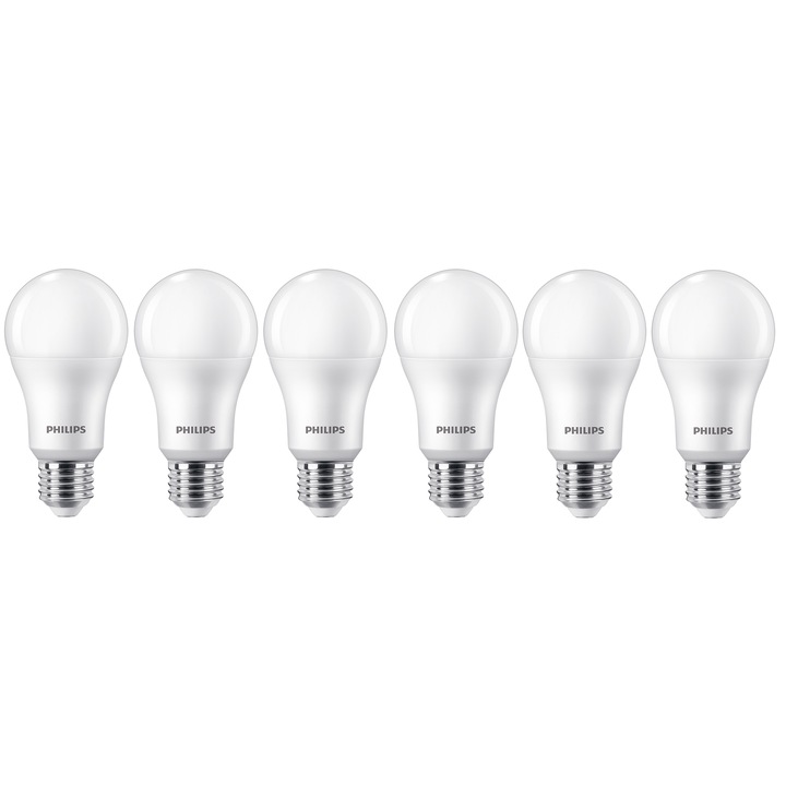 Pachet 6 becuri LED Philips, E27, 13W (100W), 1521 lm, lumina alba calda (2700K), clasa energetica E