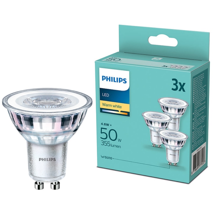 Philips GU10 LED izzó 4,6W 355lm 2700K meleg fehér - 50W izzó helyett, 3 darab/csomag