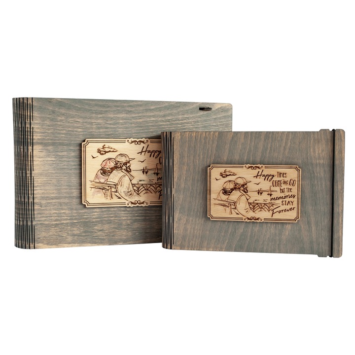 Set Album Foto A5 + Cutie lemn, VintageBox, model "Timpuri linistite", culoare gri