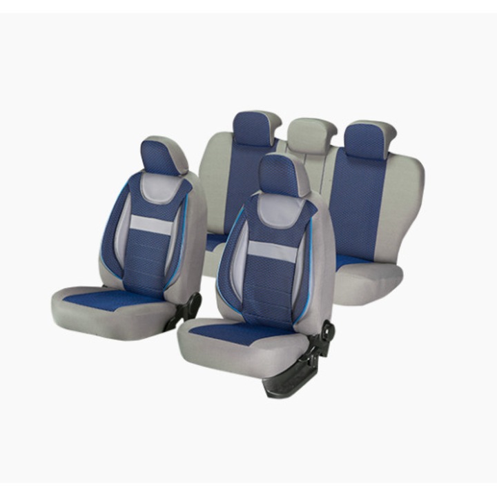 Универсални калъфи за автомобилни седалки, Dynamic edition, текстилен материал, вложки от екологична кожа, 11 части, SMARTIC®, сини