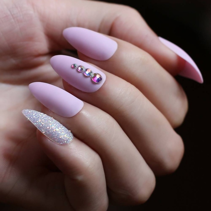 Set 24 unghii false autoadezive tip press ON, tipsuri stiletto cu adeziv abtibild inclus, model almond mat cu cristale Pink