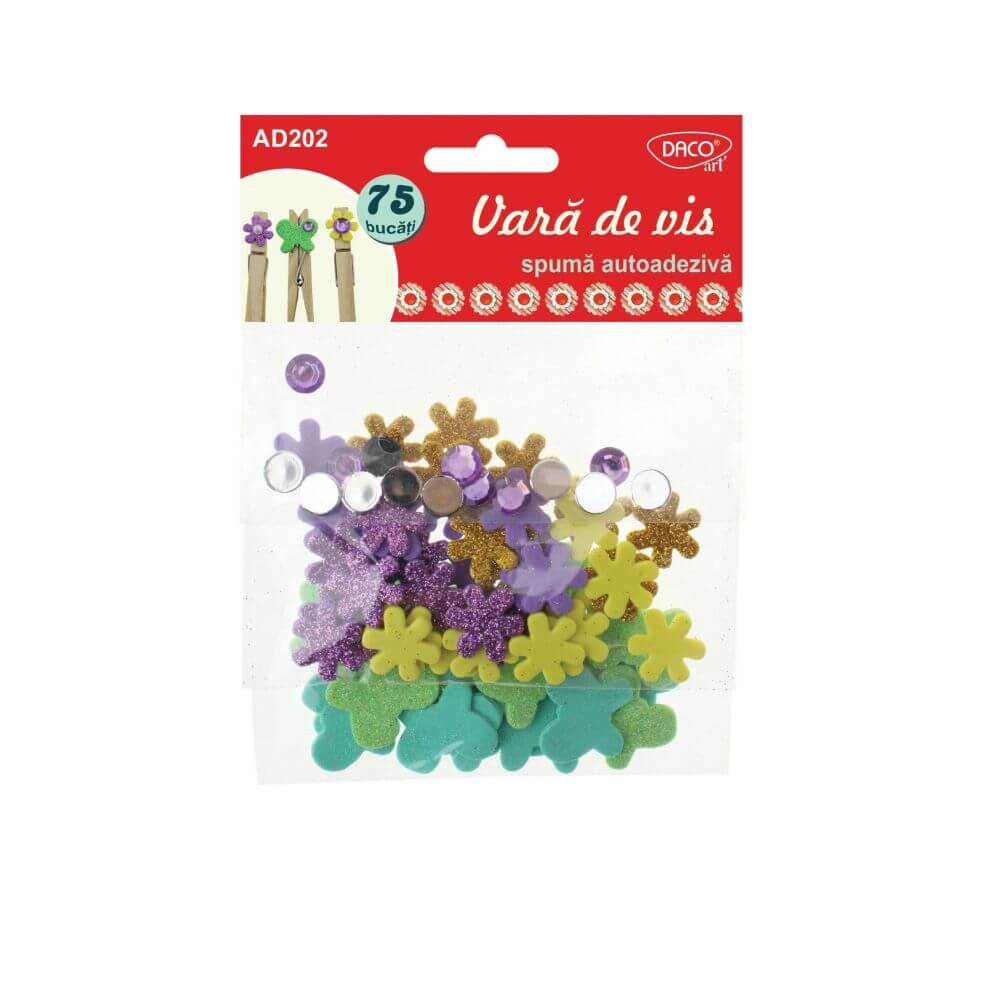 Forme Spuma Autoadeziva Glitter DACO, Model Vara de Vis, Dimensiuni Variabile, 75 Buc/Set, Multicolor