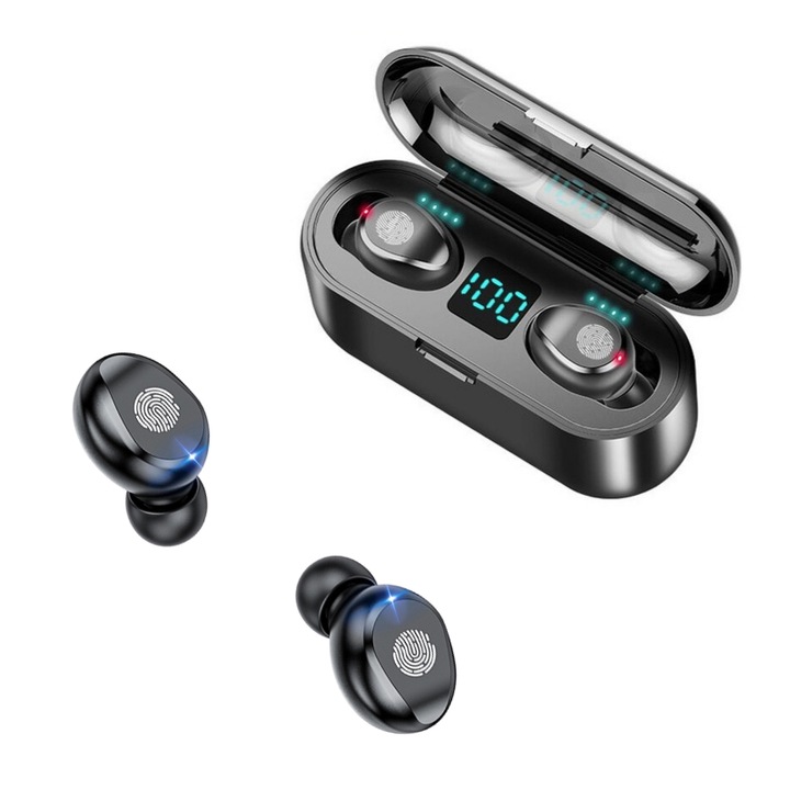 Безжични слушалки TWS F-9, Bluetooth 5.0, Powerbank, HiFi HD Sound, Черни