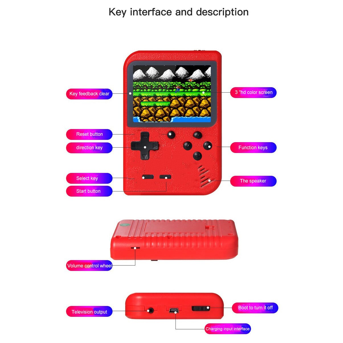 Mini consola portabila Rontime, 400 jocuri, 2 jucatori, Rosu