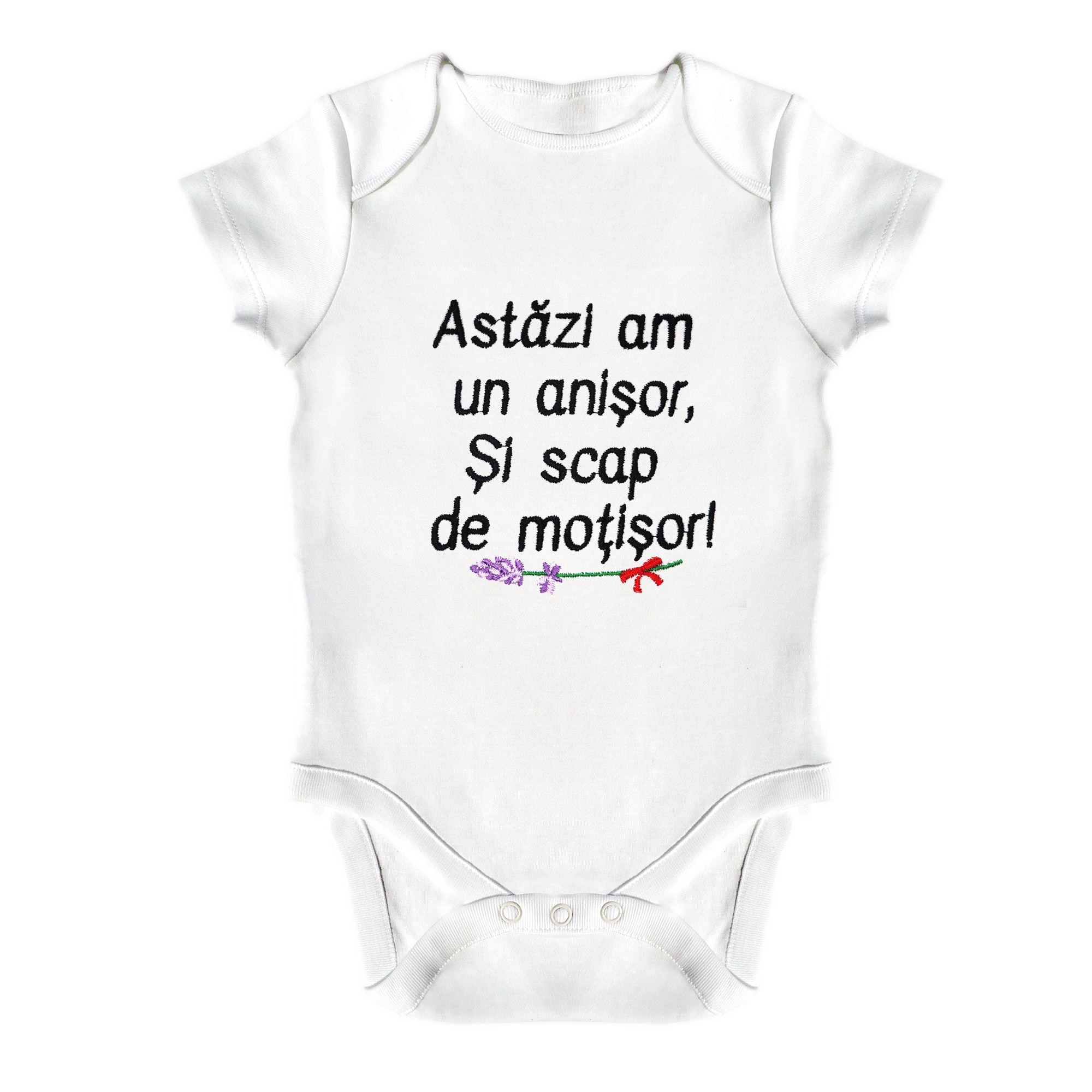 Body bebe, LWS, bumbac organic, brodat, alb, model Azi am un anisor si scap de motisor, text negru, 86 cm