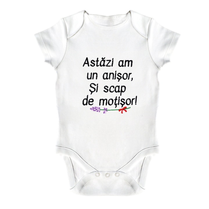 Body bebe, LWS, bumbac organic, brodat, alb, pentru aniversare 1 an, taiere mot, model Azi am un anisor si scap de motisor, text negru, 86 cm