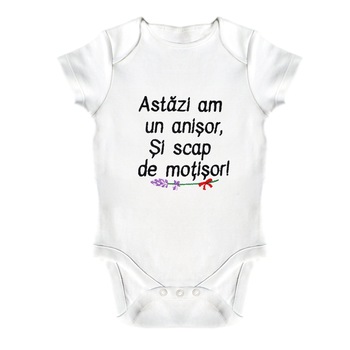 Body bebe, LWS, bumbac organic, brodat, alb, model Azi am un anisor si scap de motisor, text negru, 86 cm Body bebe, LWS, bumbac organic, brodat, alb, model Azi am un anisor si scap de motisor, text negru, 86 cm