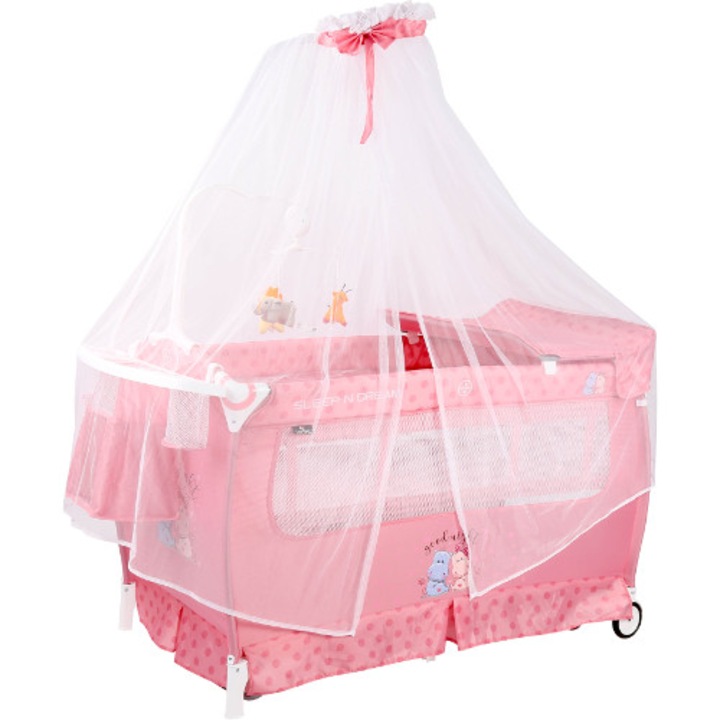 Patut Lorelli Pliabil Sleep'n Dream Rocker cu Baldachin, 2 Nivele si Accesorii, Colectia 2020, Pink Hippo