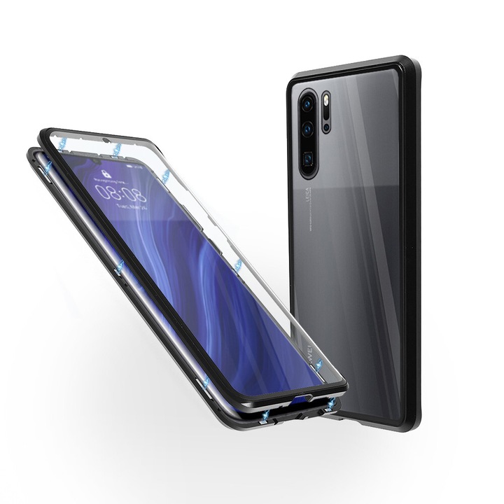 Магнитен 360° Калъф за Huawei P10 Pro от две алуминиеви части със стъкло отпред и отзад, Черен