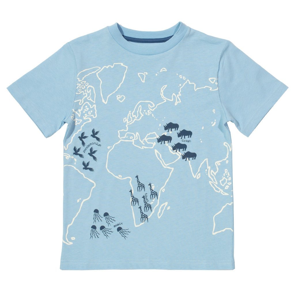 Tricou pentru baieti, imprimeu harta lumii cu animale, bumbac organic, Multicolor