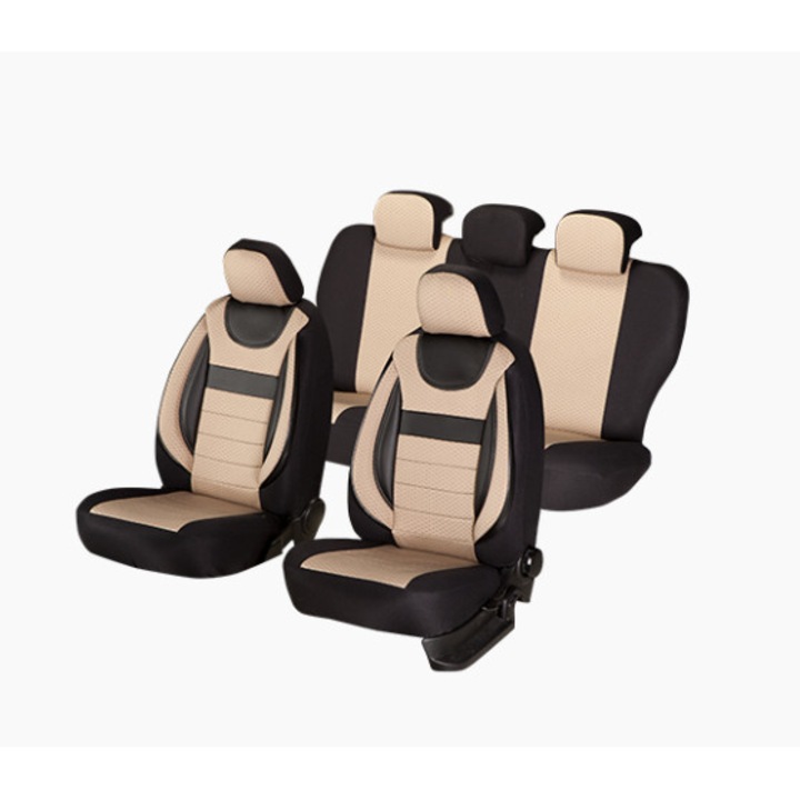 Универсални калъфи за автомобилни седалки, Dynamic edition, текстилен материал, вложки от екологична кожа, 11 части, SMARTIC®, бежови