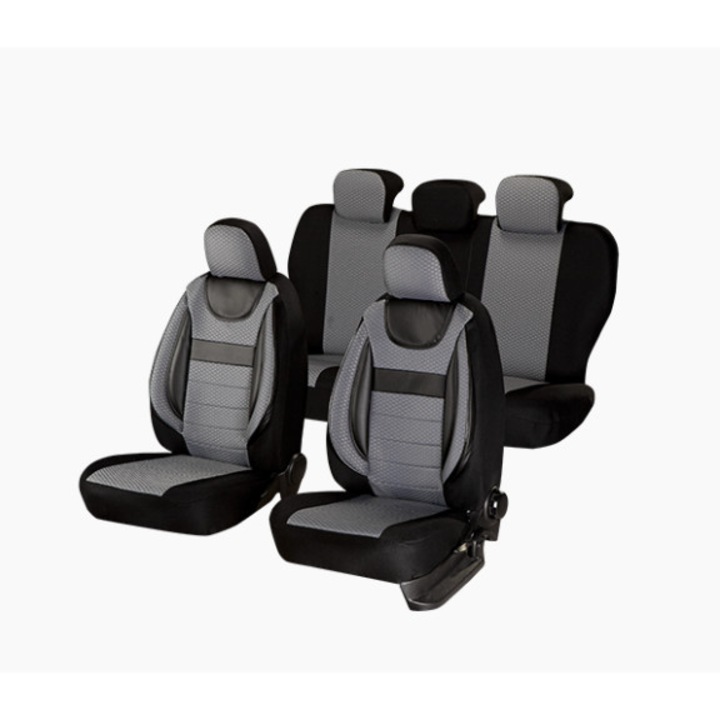 Универсални калъфи за автомобилни седалки, Dynamic Edition, текстилен материал, вложки от екологична кожа, 11 части, SMARTIC®, сиви