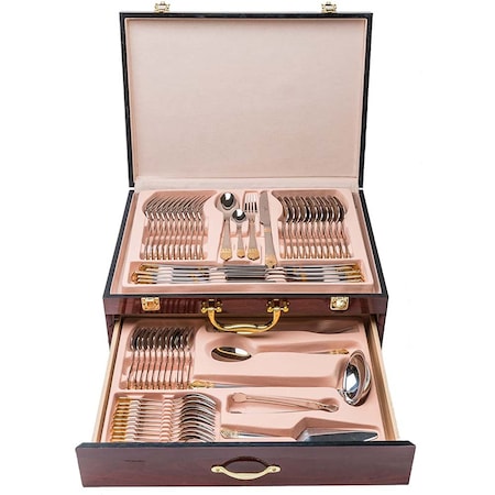 Set tacamuri 84 Piese Timeless Tools, pentru 12 persoane, in valiza, Argintiu/Auriu